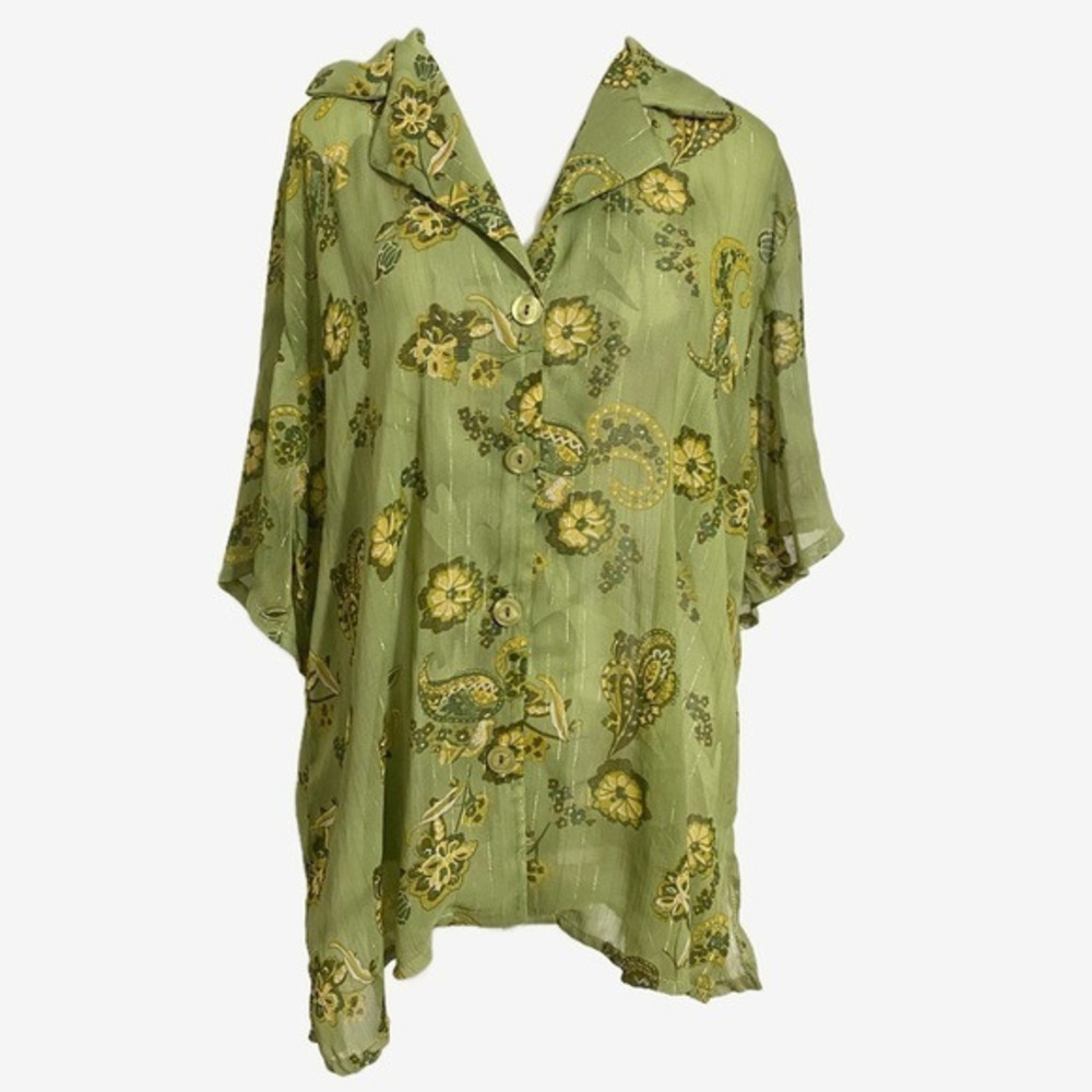 Unbranded Sheer Green Paisley Button Down Shirt with Gold‎ Stripes